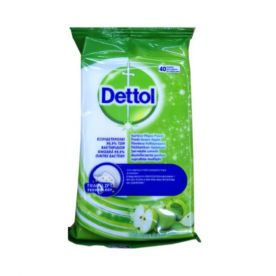 Dettol Αντιβακτηριδιακά Μαντηλάκια Καθαρισμού Επιφανειών με Άρωμα Πράσινο Μήλο40τμ